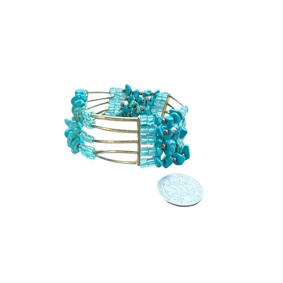 Turquoise Chip Bead Cuff Bracelet Multi Strand Wire Wrap Vintage Style Jewelry - Picture 9 of 9